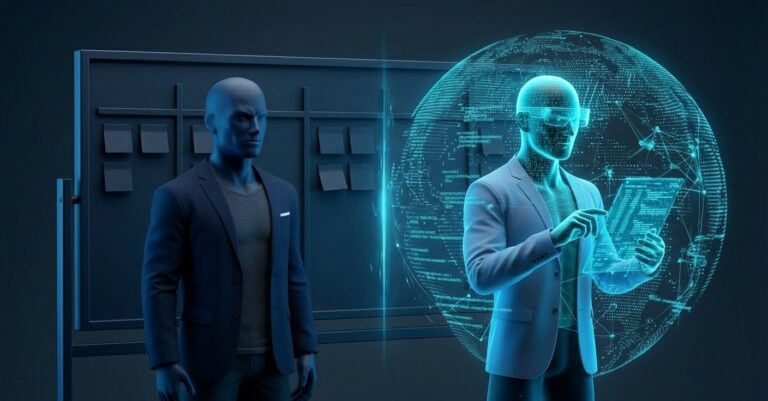 A 3D render symbolizing organizational evolution: a solid dark silhouette (Scrum Master) transfers cognitive data streams to a glowing cyan network figure representing an AI-enhanced Cognitive Strategist.