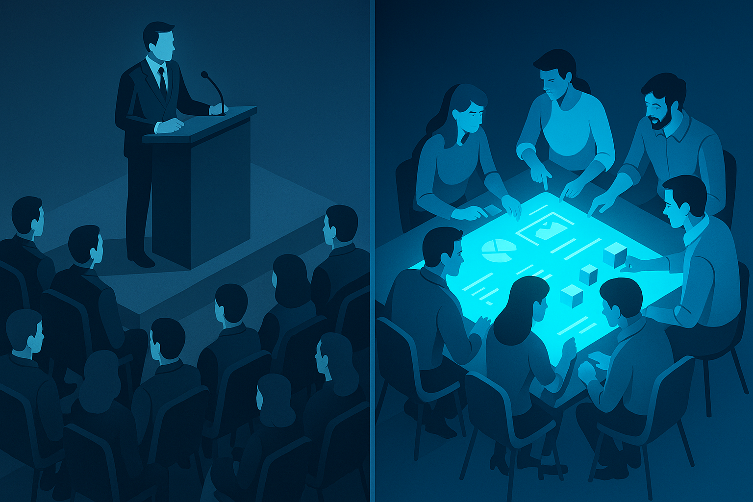Side-by-side comparison illustrating the shift from the passive 'Lecturer' role to the active 'Facilitator' role.