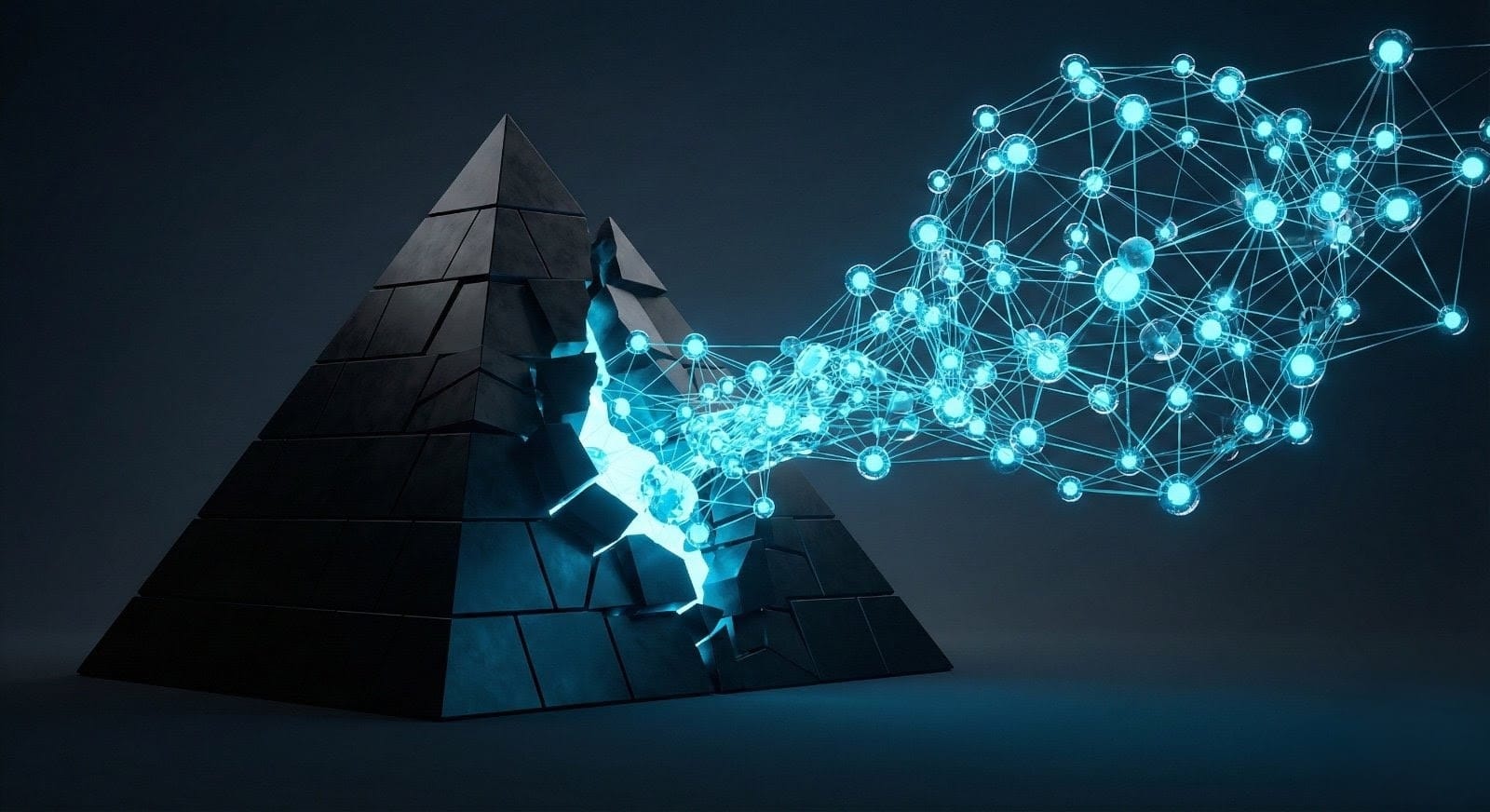 A cinematic 3D render illustrating organizational transformation, showing a dark obsidian pyramid structure fracturing to release a glowing azure cyan network of interconnected data spheres symbolizing a holarchy.
