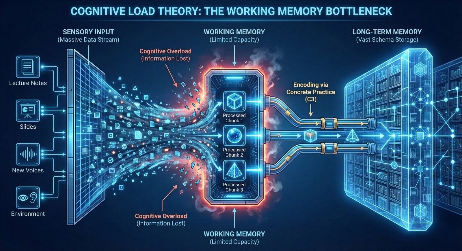 Diagram of Cognitive Load Theory showing a massive stream of Sensory Input on the left bottlenecking into a limited Working Memory (center), resulting in data loss (Cognitive Overload). Only a few processed chunks make it to Long-Term Memory on the right.