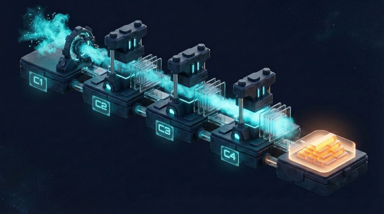 Isometric 3D render of a cognitive refinery where volatile neon cyan data mist is processed through obsidian platforms into solid warm amber ingots, symbolizing the conversion of raw information into value.