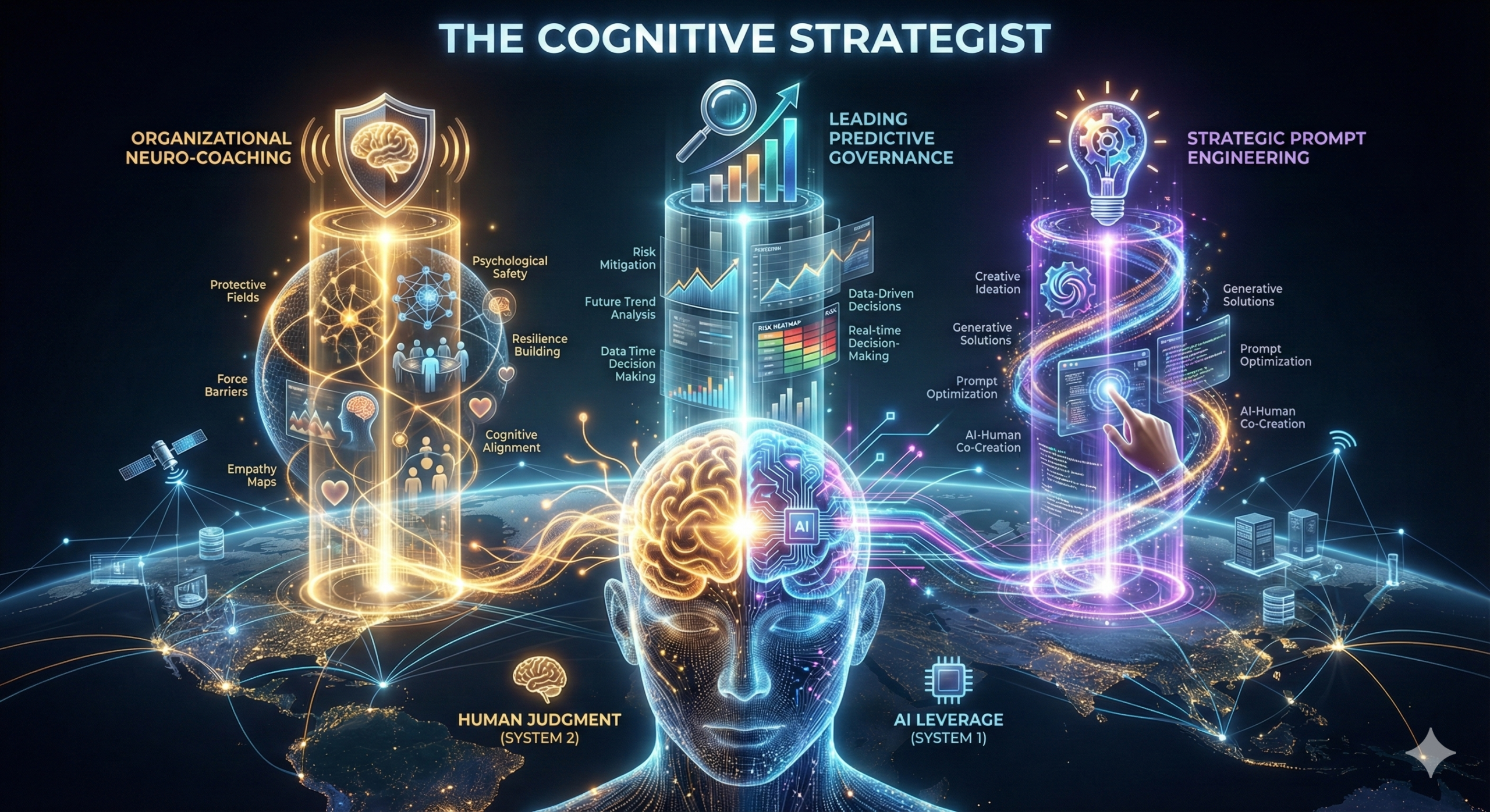 Cinematic 3D visualization titled 'The Cognitive Strategist'. A translucent human head shows a brain fusing golden organic neural pathways (System 2) with blue digital circuits (System 1). Three holographic pillars rise from this fusion: a Shield (Neuro-Coaching), a Magnifying Glass (Predictive Governance), and a Lightbulb (Prompt Engineering).