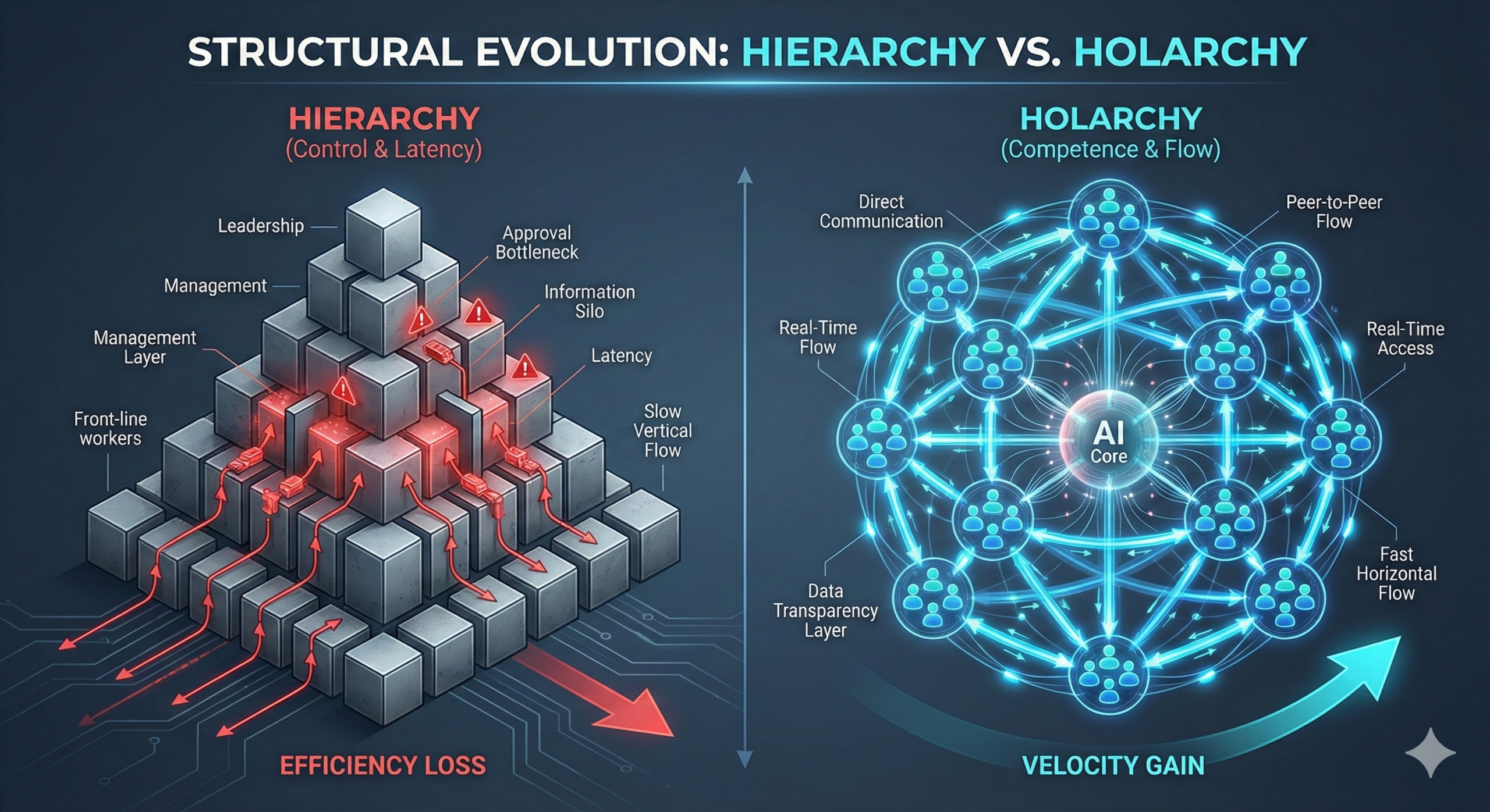 Comparison diagram: The Left side shows a gray Pyramid (Hierarchy) with vertical bottlenecks. The Right side shows a glowing spherical Network (Holarchy) where cyan data beams flow horizontally between nodes, illustrating fluid information transfer.