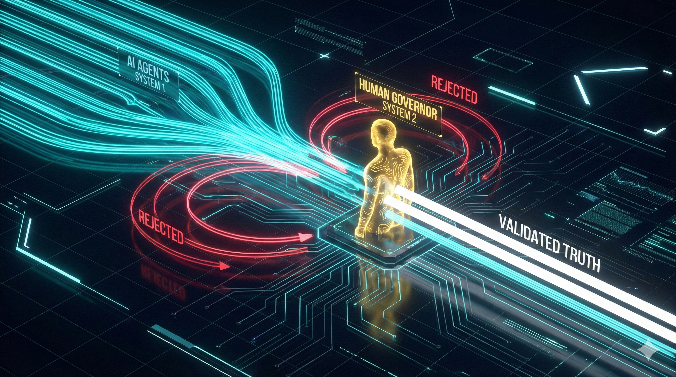 Agentic Workflow Diagram showing the 'Human-in-the-Loop' protocol. Fast-moving AI Agent streams (System 1) enter a central Human Governor node (System 2). The human validates the data, allowing only 'Validated Truth' to pass downstream while rejecting errors.