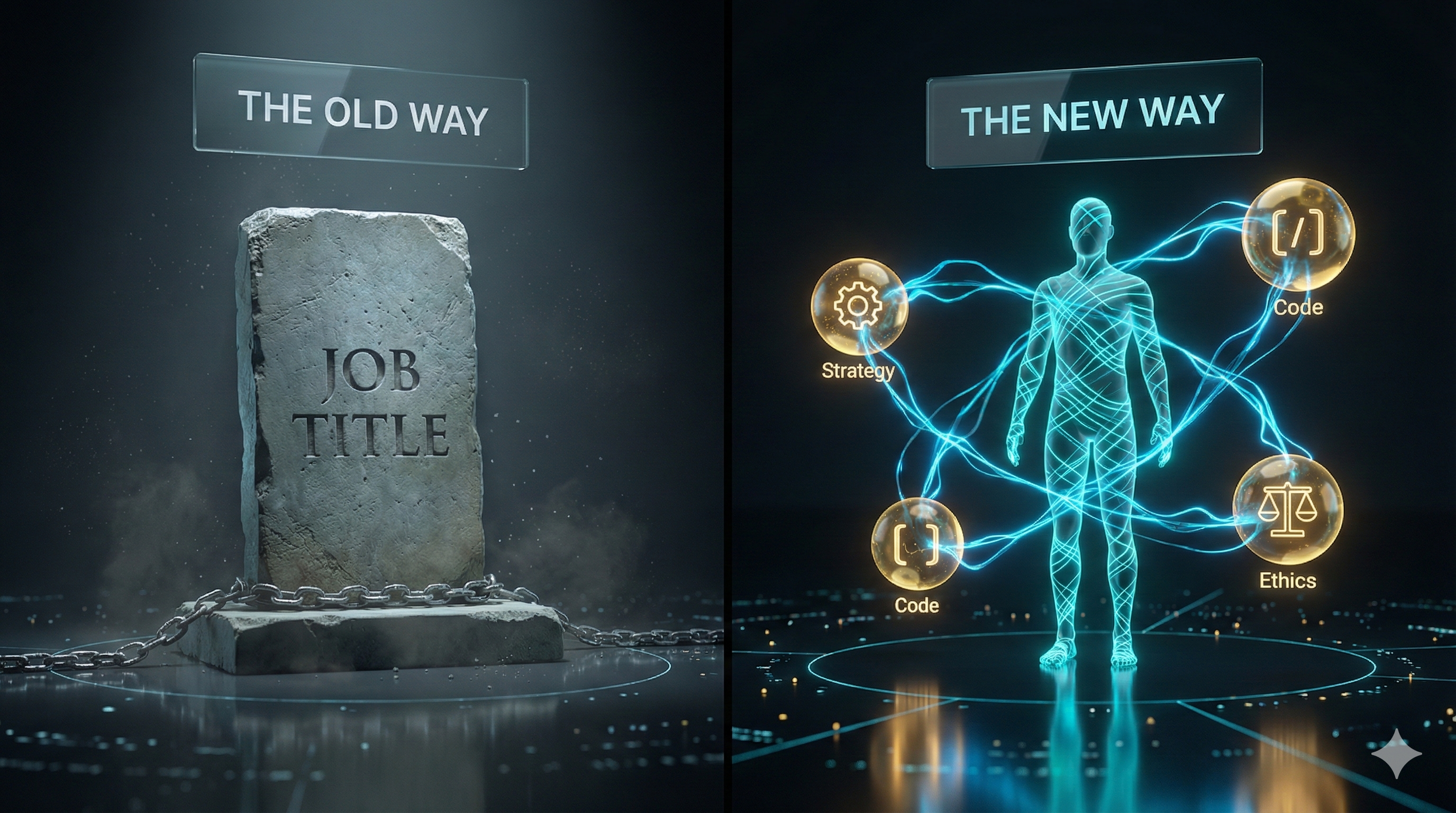 Conceptual visualization: A heavy stone tablet labeled 'JOB TITLE' (static) sits on the left, contrasting against a glowing constellation of 'Skill Atoms' orbiting a human silhouette (dynamic) on the right.