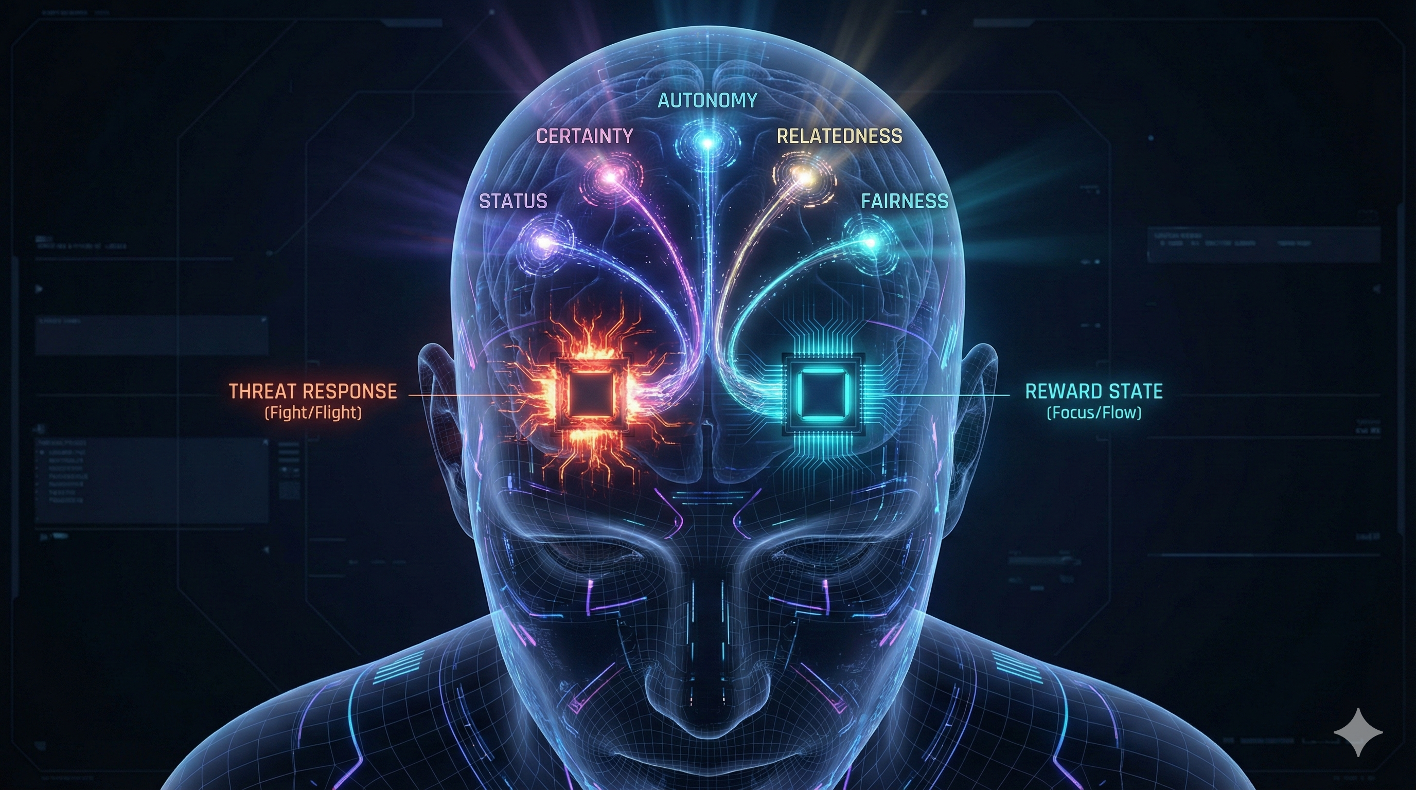 Futuristic holographic brain visualization displaying the SCARF Model inputs (Status, Certainty, Autonomy, Relatedness, Fairness). Data streams show these inputs triggering either a red 'Threat Response' (Fight/Flight) or a blue 'Reward State' (Focus/Flow).
