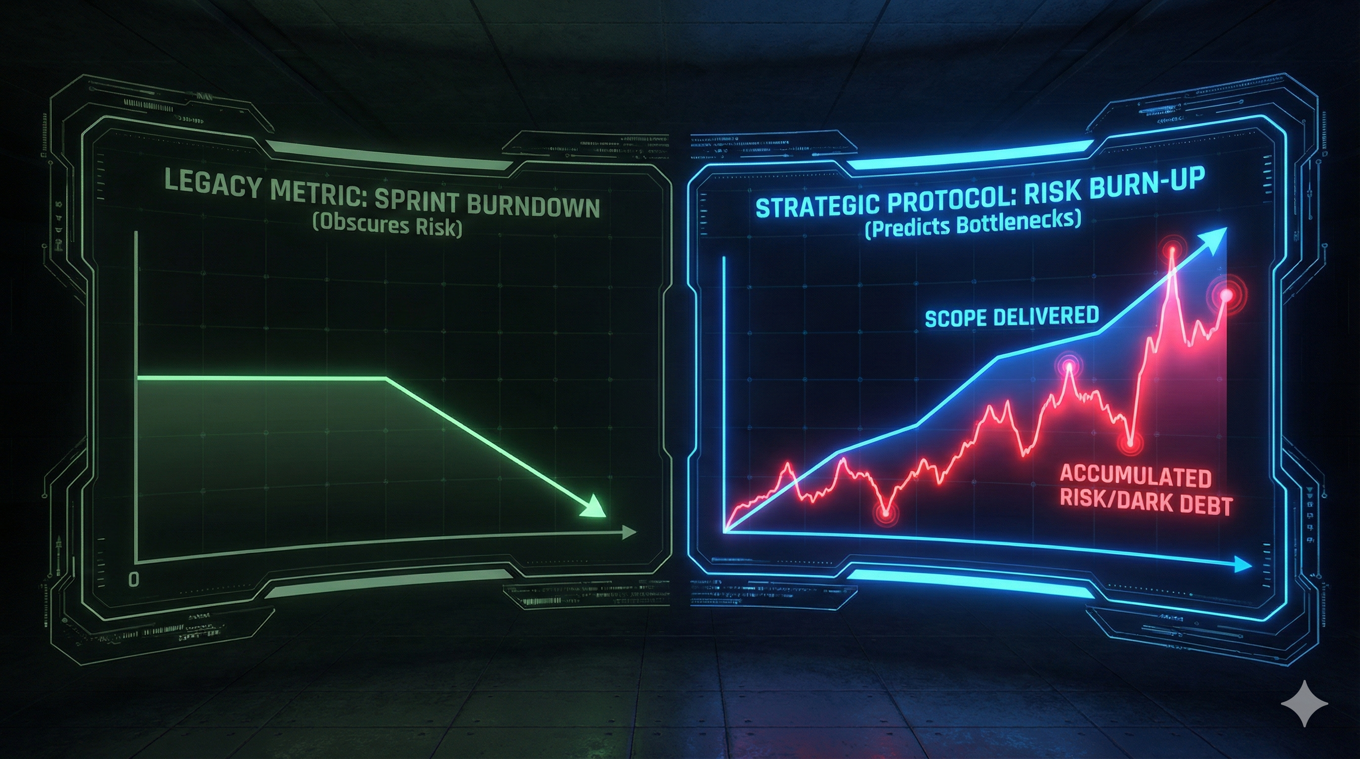 Split-screen executive dashboard comparison. Left panel shows a 'Legacy Sprint Burndown' line graph hitting zero, labeled 'Obscures Risk'. Right panel shows a 'Strategic Risk Burn-up' graph with a rising red heat-map line labeled 'Accumulated Dark Debt', demonstrating predictive risk visibility.