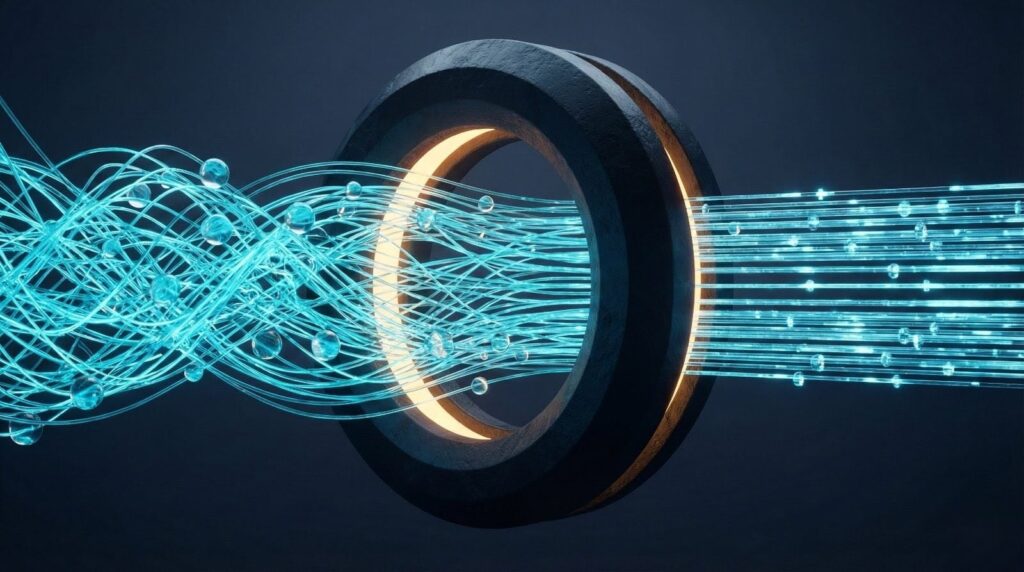 A cinematic 3D render of a massive obsidian ring filtering a chaotic stream of neon cyan data particles into a perfectly organized grid of light beams, symbolizing the transformation of risk into intelligence.