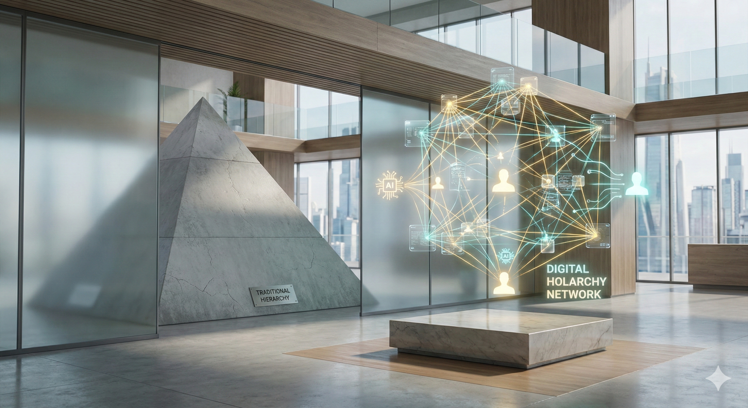 A high-contrast architectural diagram showing the transition from a traditional rigid pyramid hierarchy to a fluid, web-like network of glowing nodes representing the Human-Agentic Holarchy.