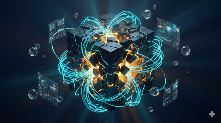 "The Evolution" The visual focuses on an Obsidian Monolith (the $10B Legacy Enterprise) being surgically dismantled and enveloped by a high-velocity Bioluminescent Cyan Network (The Phoenix Protocol). The core of the monolith is being replaced mid-flight by a glowing golden core of "Human Judgment."