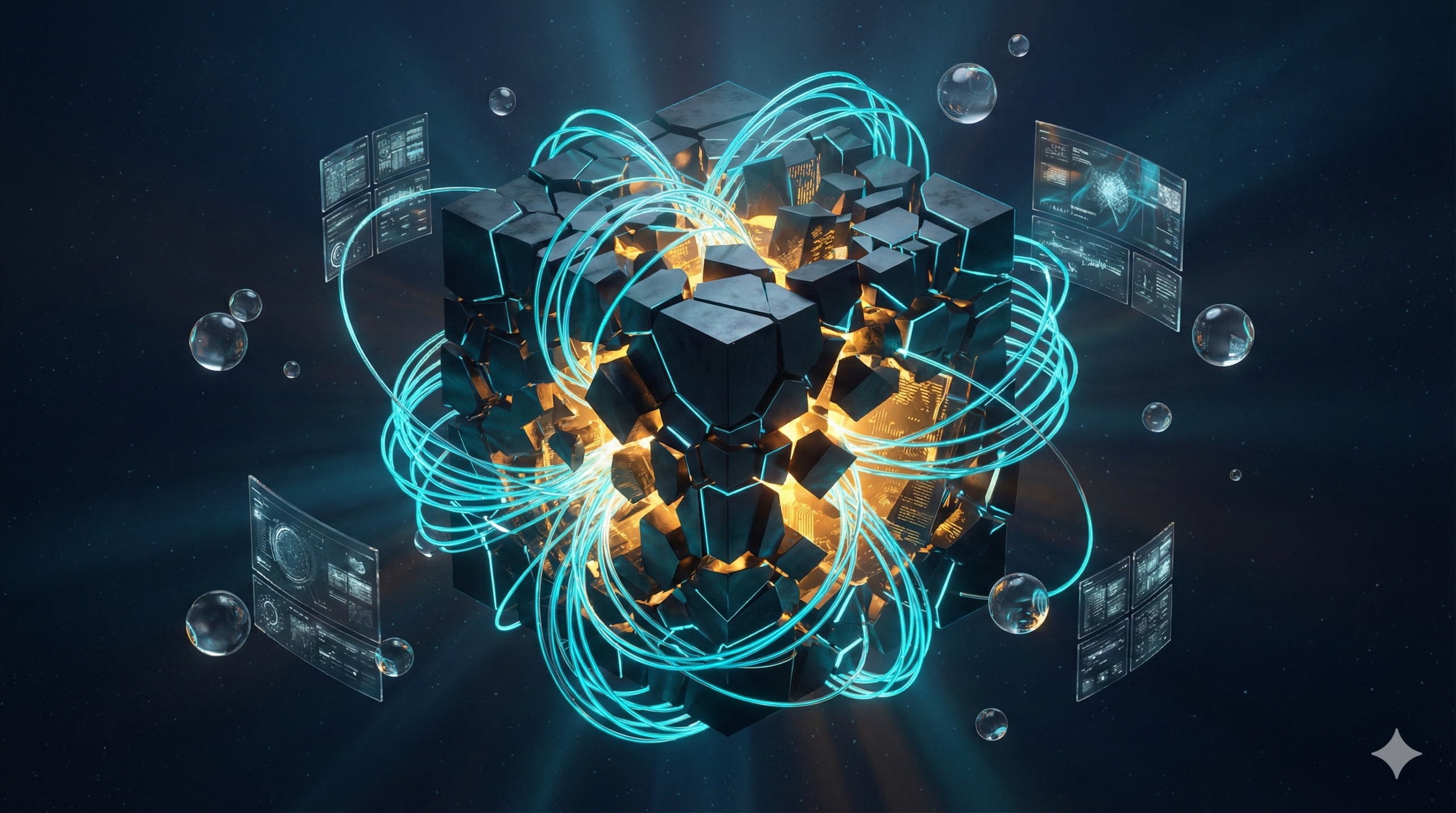 "The Evolution" The visual focuses on an Obsidian Monolith (the $10B Legacy Enterprise) being surgically dismantled and enveloped by a high-velocity Bioluminescent Cyan Network (The Phoenix Protocol). The core of the monolith is being replaced mid-flight by a glowing golden core of "Human Judgment."