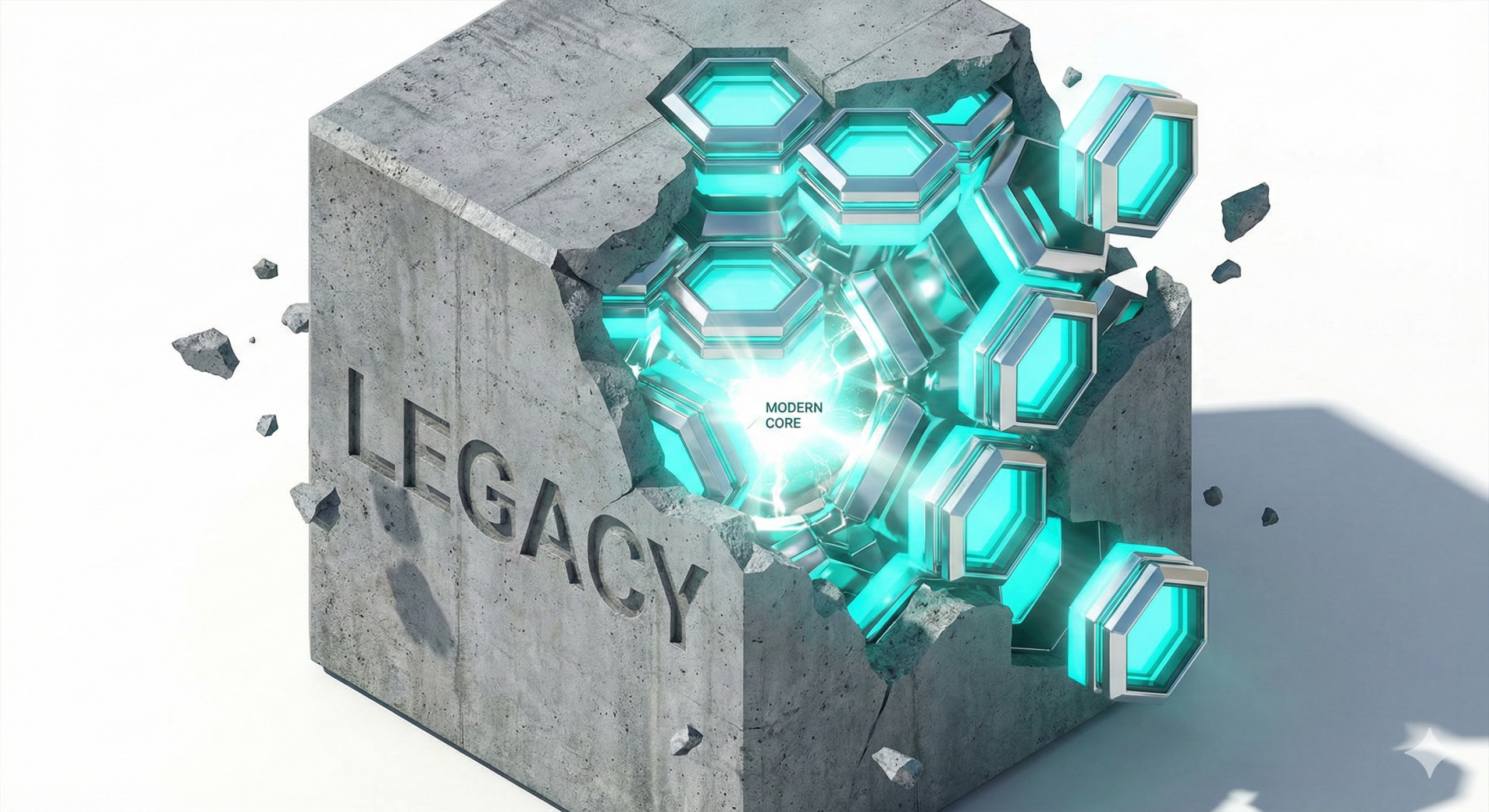 Isometric 3D render showing a monolithic concrete block labeled 'Legacy' being systematically replaced by glowing, modular teal hexagons representing agentic interfaces.
